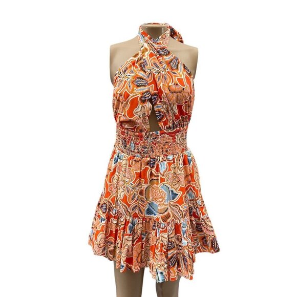Misa Tula Mini Dress‎ Tangerine Flora Halter Neck Cotton Backless Ruffle L NWT - Picture 3 of 15